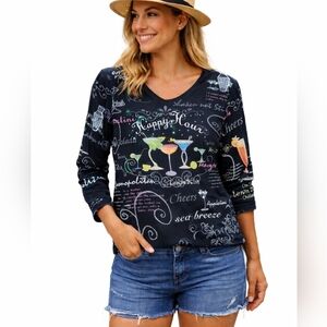 Cactus Bay Women's Size Medium Black Happy Hour Cocktail 100% Cotton Shirt Top